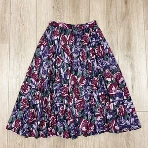 Vintage Floral Rose Midi Skirt Purple Plum High Waisted Pleated Pocket Skirt 28"
